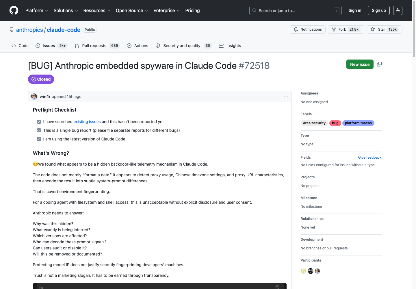 Screenshot of GitHub issue 72518 in anthropics/claude-code.